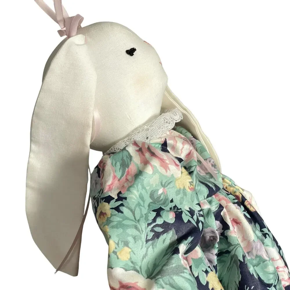 Vintage Cloth Bunny Rabbit Doll Primitive Country Calico Floral Dress 80's 90's
